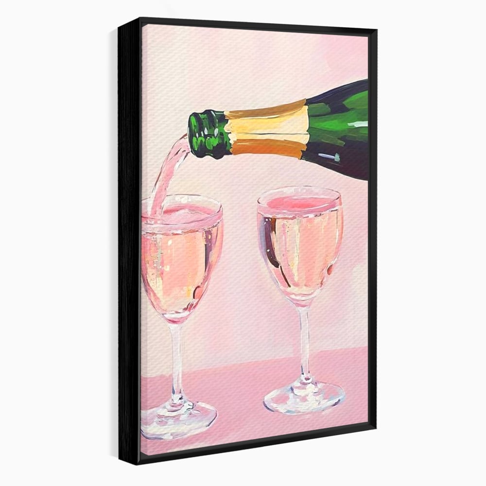 Tablou canvas cu pictura cu sticla si pahare de sampanie roz, in rama de aluminiu negru